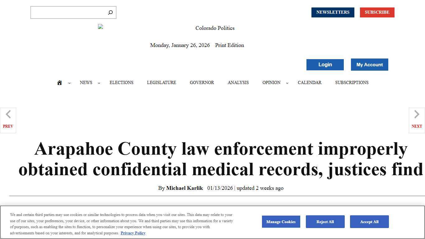 Arapahoe County law enforcement improperly obtained confidential medical records, justices find - Colorado Politics